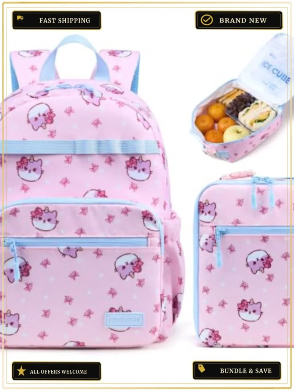 Kids Cat Backpack with Lunch Box, Cute Animal Bookbag for School,